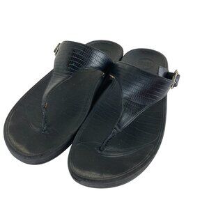 FitFlop Women Sandal Lulu Womens Sz 9 Black Leather Toe-Post Thong Wedge